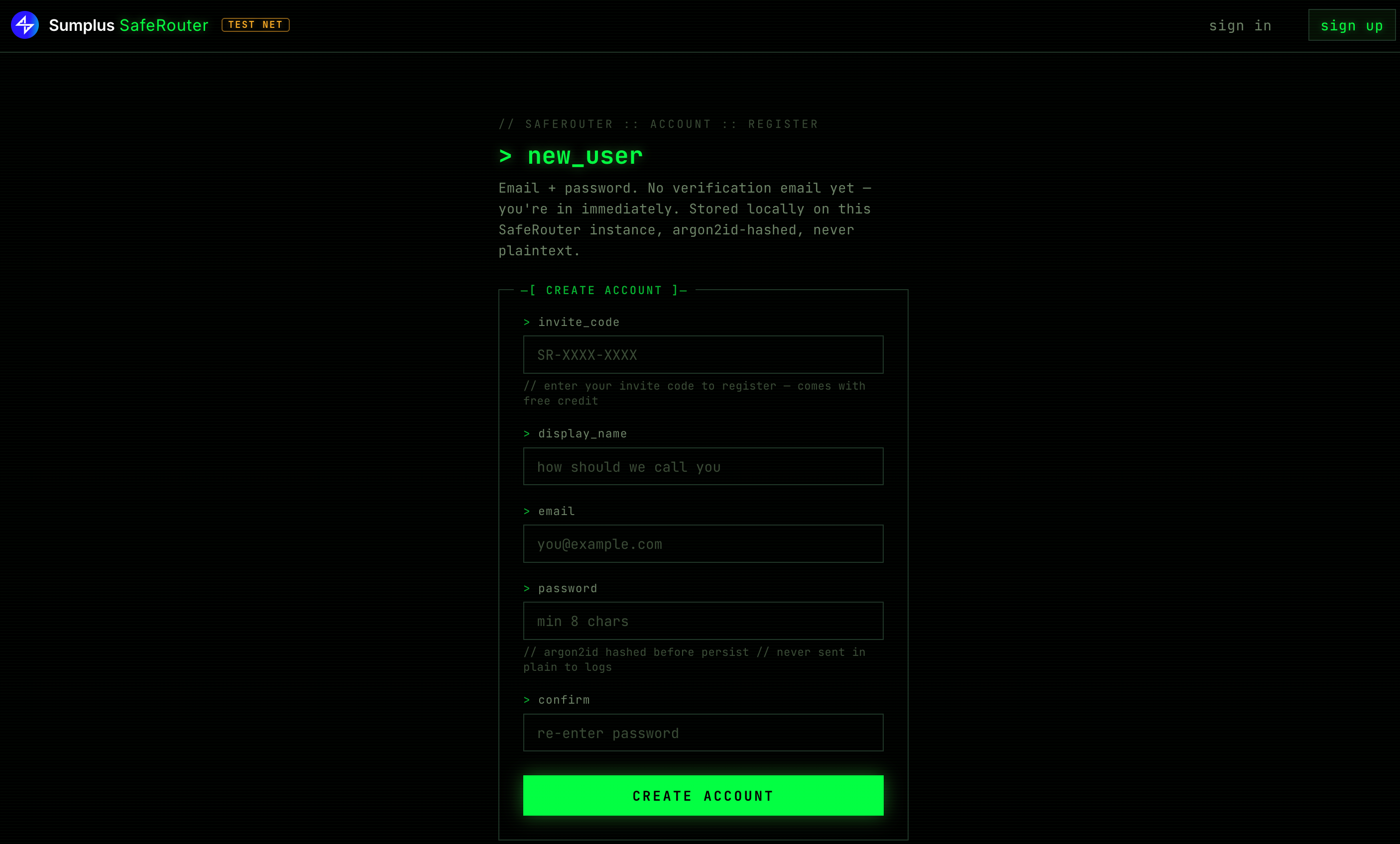 SafeRouter sign-up page with the invite code field filled in