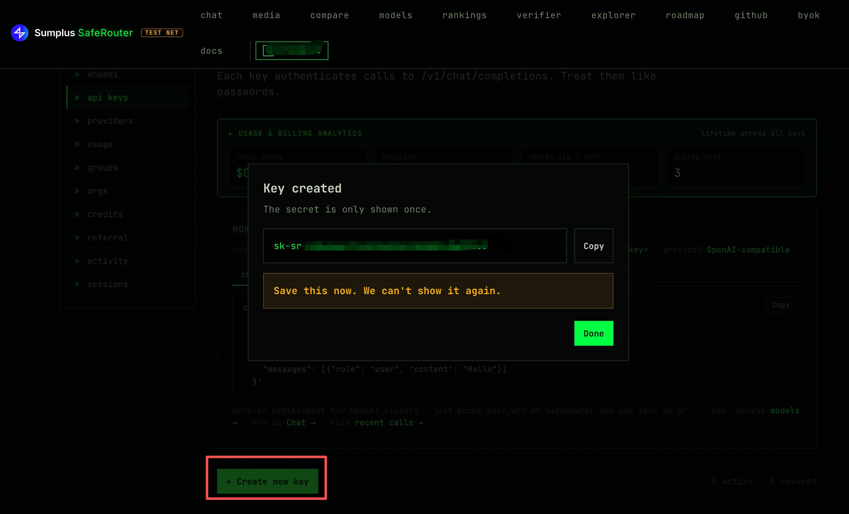 Keys page showing a freshly created key with the sk-sr secret revealed once