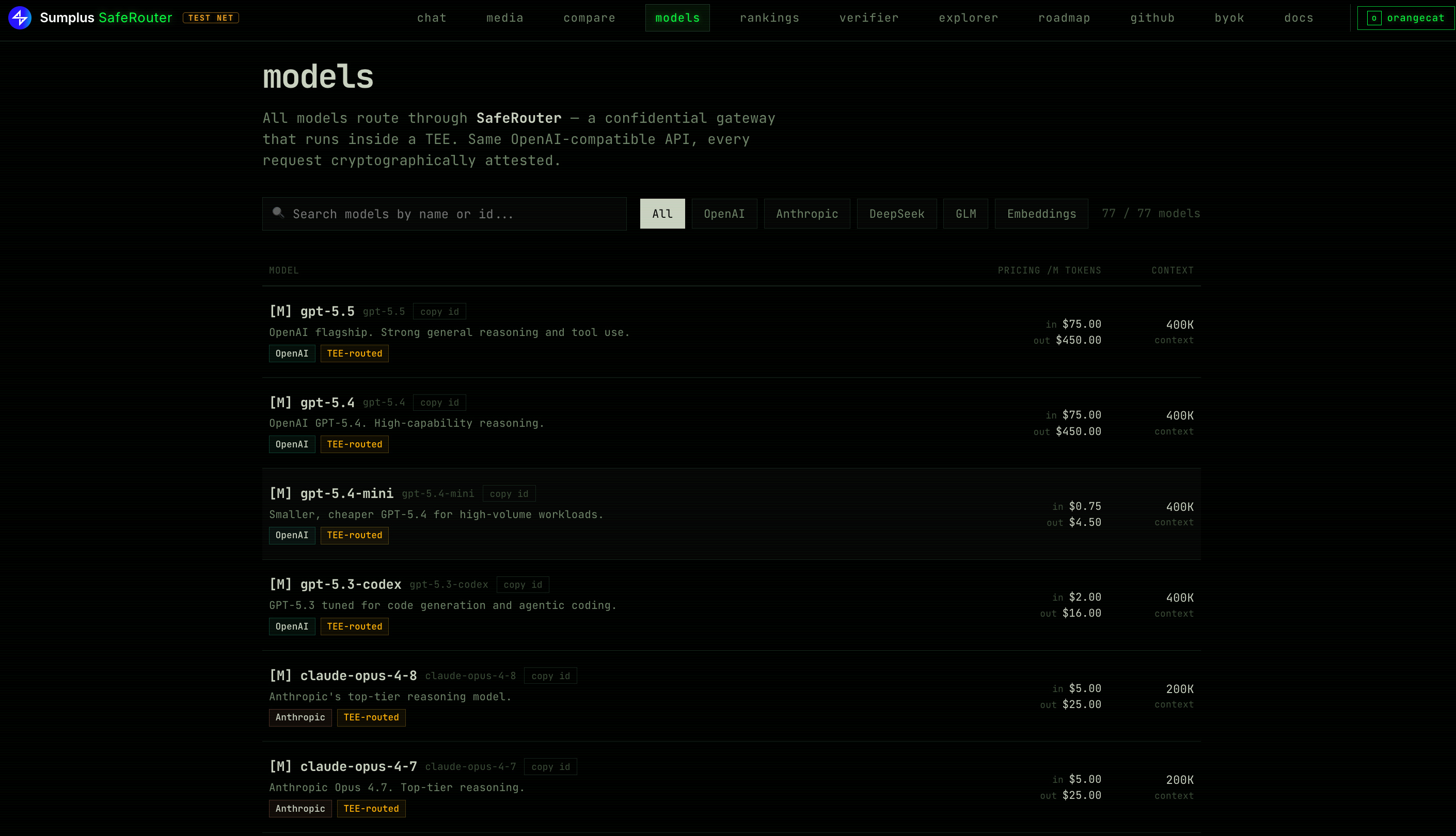Model catalog page showing model ids, pricing, and live/preview badges