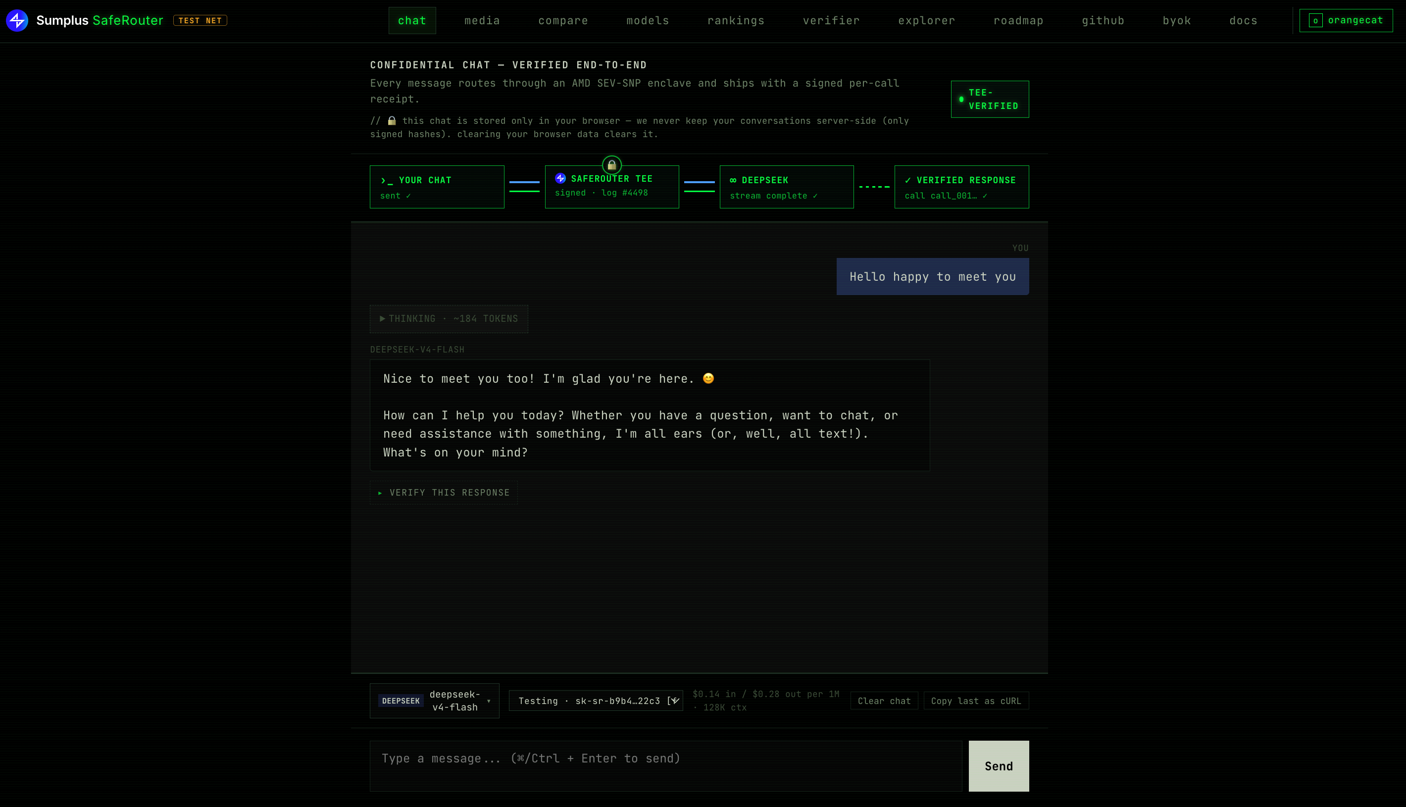 Chat playground with a streamed response and the per-call verify panel expanded