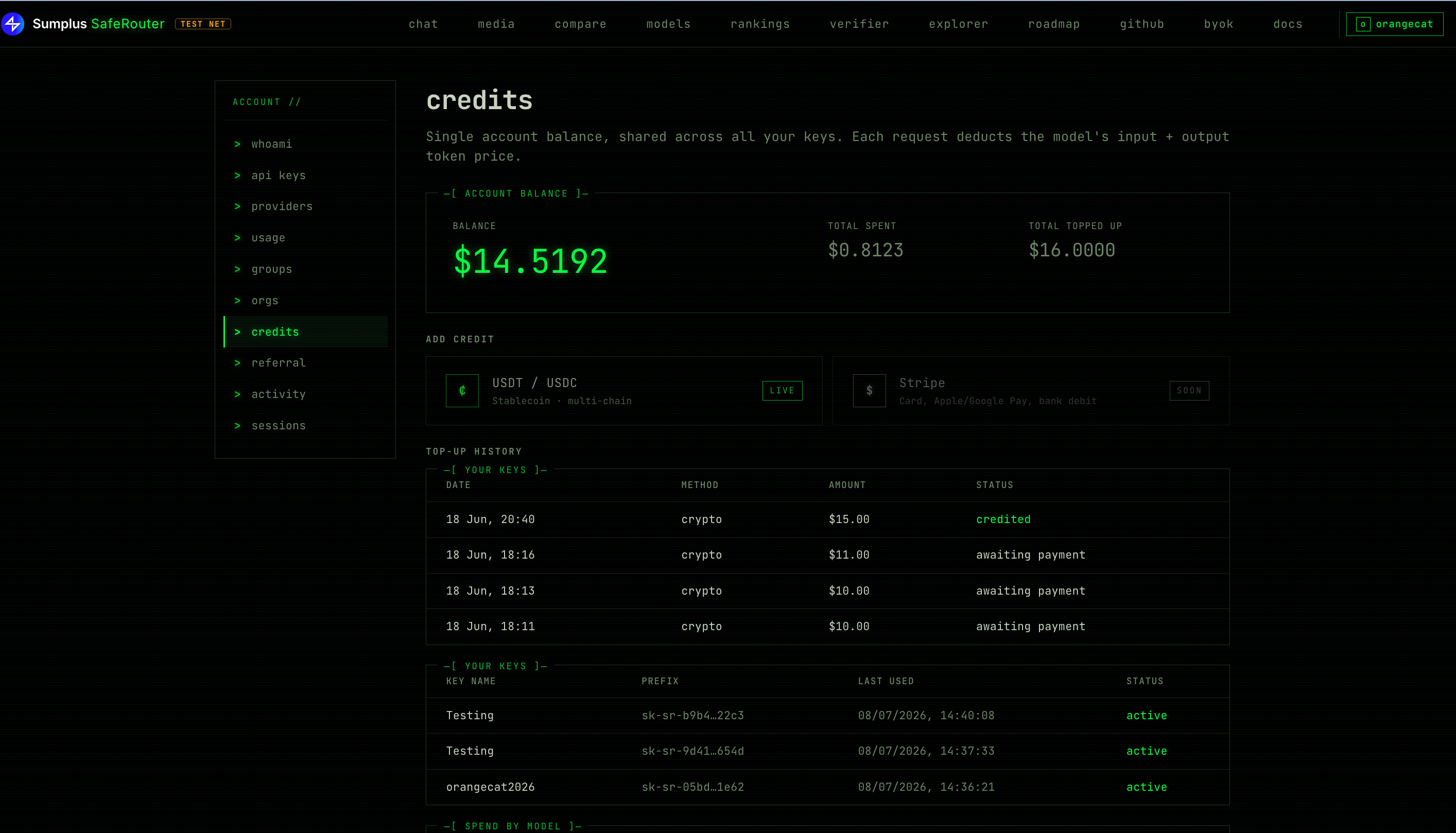 Credits page with the add-credit panel and the USDT/USDC amount field